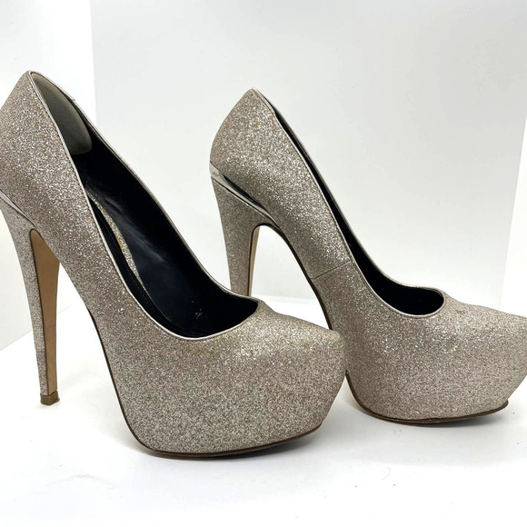 Aldo Gold Glitter Platforms Ultra High Heel Platform Sparkle Shoe Size 7 - Picture 4 of 9